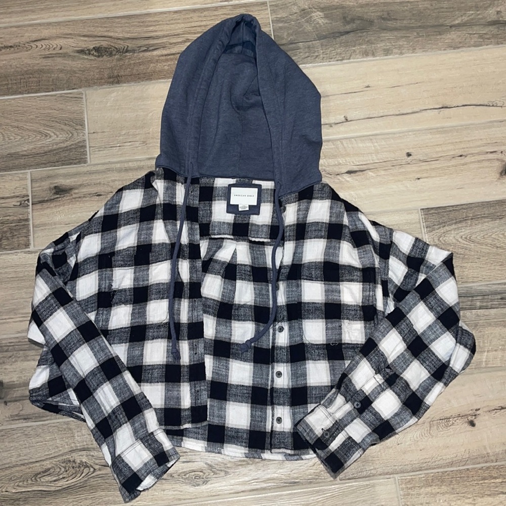 Cropped womens flannel top with hood.
